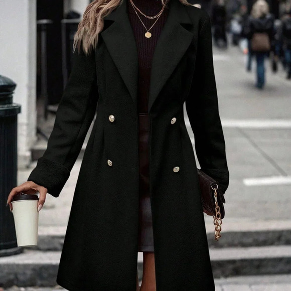 Black Casual Women's Lapel Neck Double Breasted Overcoat - Picture 3 of 6